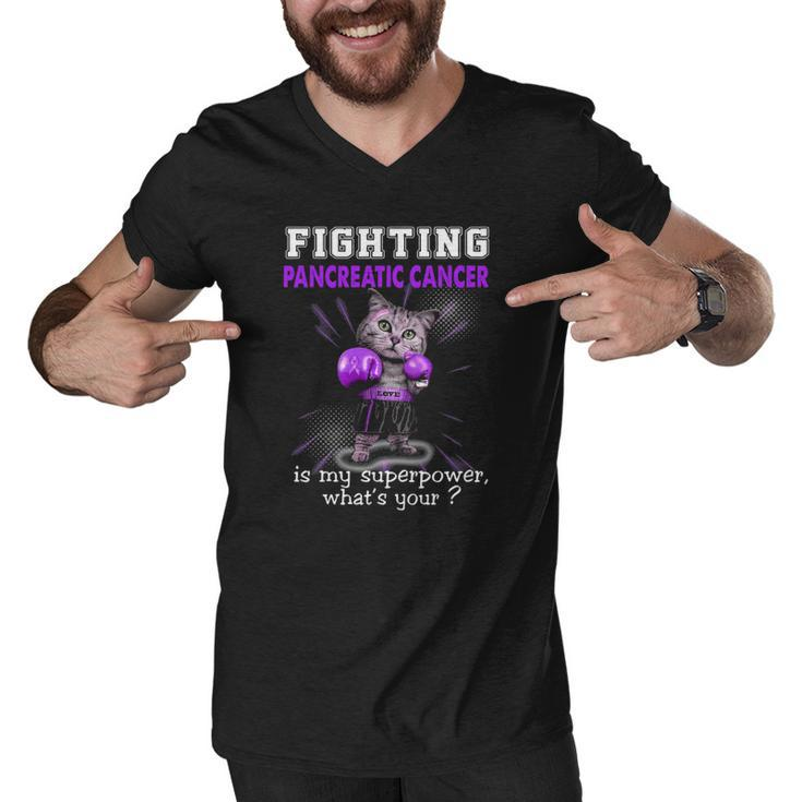 Fighting Cat Pancreatic Cancer Awareness Men V-Neck Tshirt