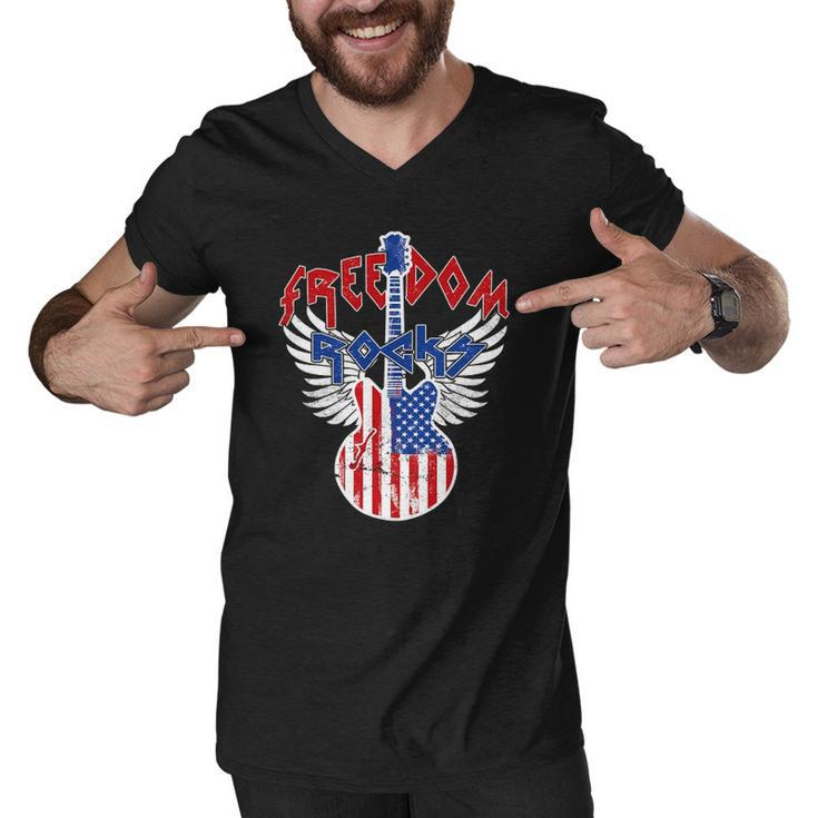 Freedom Rocks 4Th Of July Patriotic Usa Flag Rock Guitar Men V-Neck Tshirt