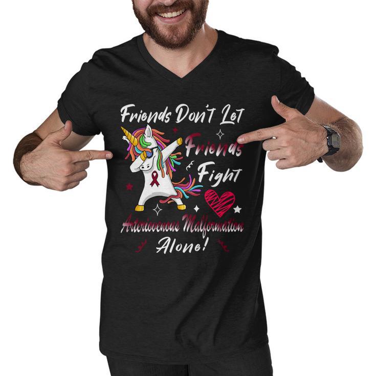 Friends Dont Let Friends Fight Arteriovenous Malformation Alone  Unicorn Burgundy Ribbon  Arteriovenous Malformation Support  Arteriovenous Malformation Awareness Men V-Neck Tshirt