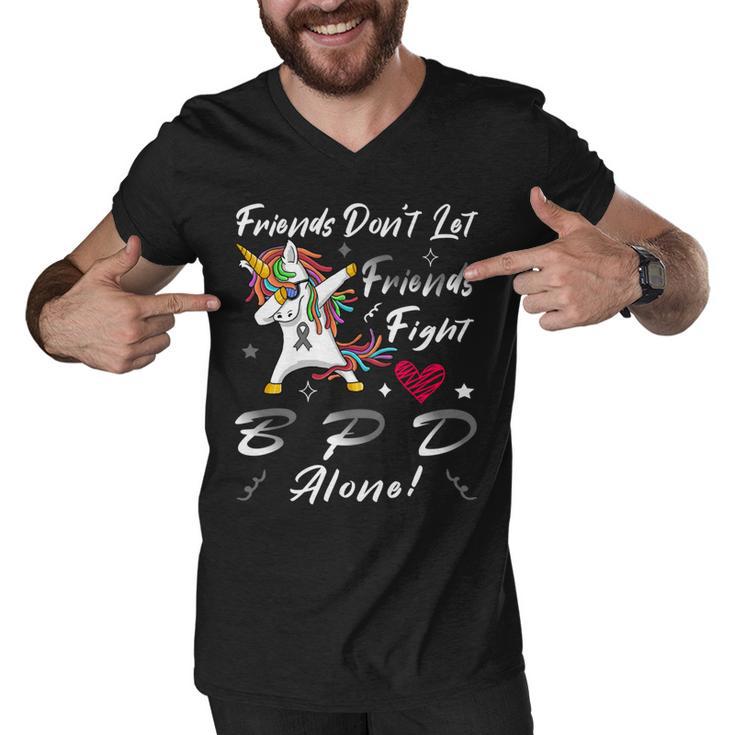 Friends Dont Let Friends Fight Borderline Personality Disorder Bpd Alone  Unicorn Grey Ribbon  Borderline Personality Disorder  Bpd Awareness Men V-Neck Tshirt