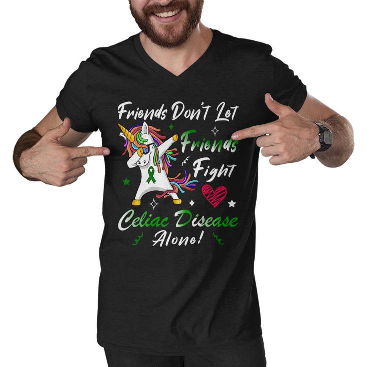 Friends Dont Let Friends Fight Celiac Disease Alone  Unicorn Green Ribbon  Celiac Disease  Celiac Disease Awareness Men V-Neck Tshirt