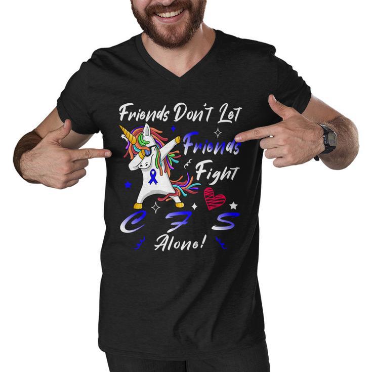 Friends Dont Let Friends Fight Chronic Fatigue Syndrome Cfs Alone  Unicorn Blue Ribbon  Chronic Fatigue Syndrome Support  Cfs Awareness V2 Men V-Neck Tshirt