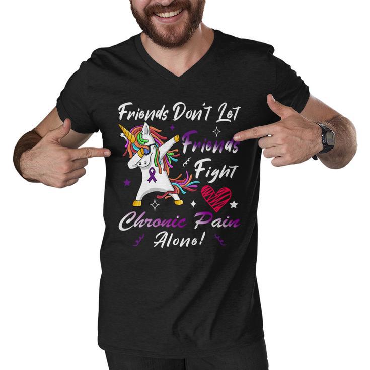 Friends Dont Let Friends Fight Chronic Pain Alone  Unicorn Purple Ribbon  Chronic Pain Support  Chronic Pain Awareness Men V-Neck Tshirt