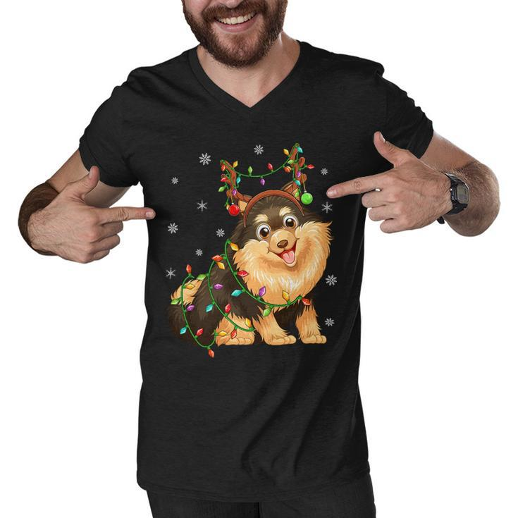 Funny Xmas Lighting Reindeer Hat Pomeranian Dog Christmas T-Shirt Men V-Neck Tshirt