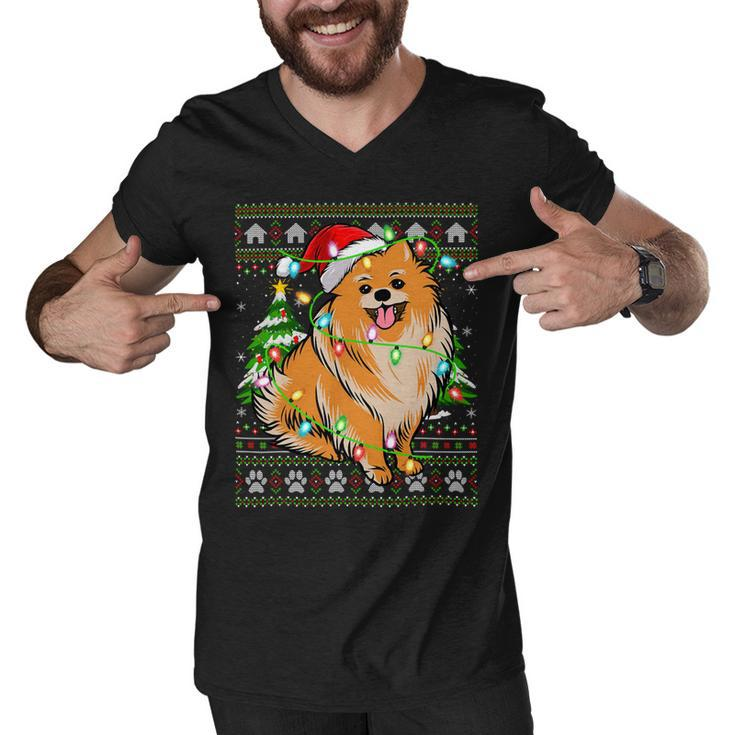 Funny Xmas Lighting Ugly Santa Pomeranian Christmas T-Shirt Men V-Neck Tshirt