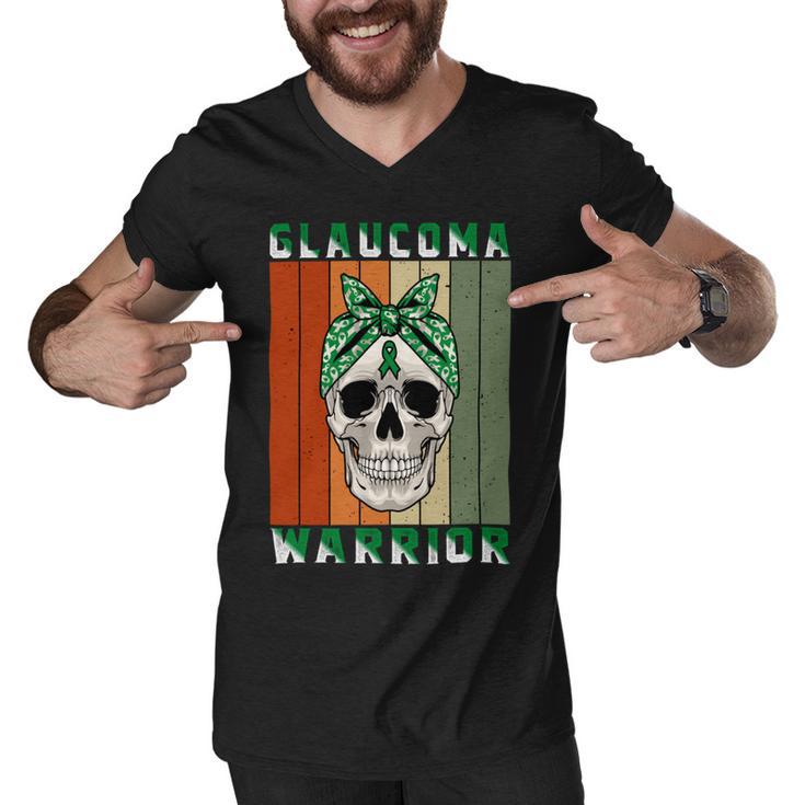 Glaucoma Warrior Skull Women Vintage Green Ribbon Glaucoma Glaucoma Awareness Men V-Neck Tshirt