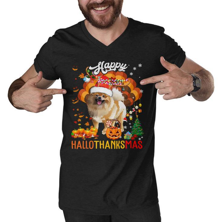 Hallothanksmas Santa Turkey Pumpkin Pomeranian Dog T-Shirt Men V-Neck Tshirt