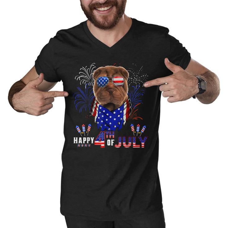 Happy 4Th Of July American Flag Shar Pei Sunglasses  Men V-Neck Tshirt