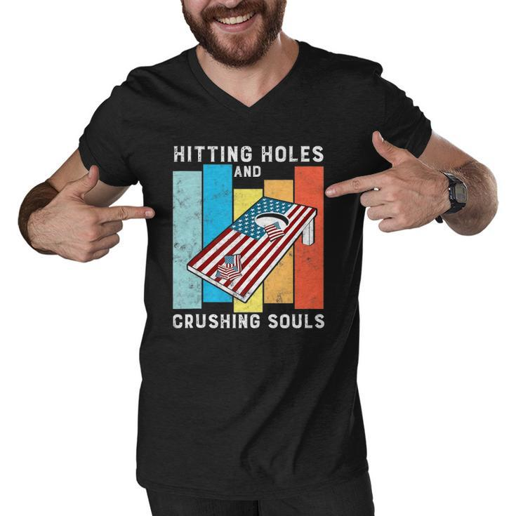Hitting Holes And Crushing Souls Funny Retro Style Cornhole Men V-Neck Tshirt