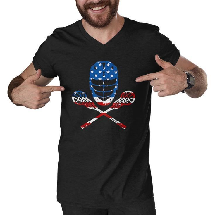 Lacrosse American Flag Lax Helmet Sticks 4Th Of July Gifts Men V-Neck Tshirt