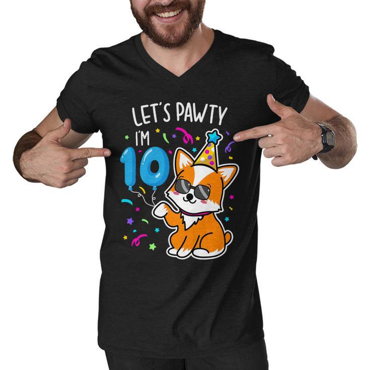 Lets Pawty Im 10Th Birthday Corgi 10 Years Old Birthday Men V-Neck Tshirt
