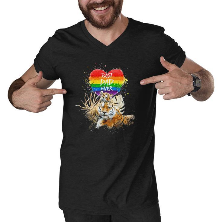 Lgbt Pride Daddy Tiger Rainbow Best Dad Ever Fathers Day Men V-Neck Tshirt