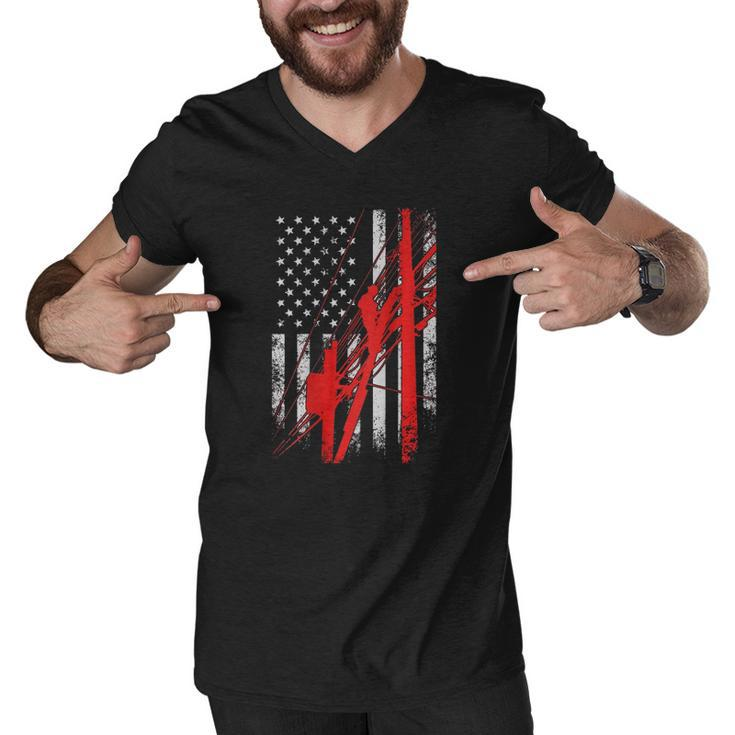 Lineman  - Usa Flag Design Printed On Back Men V-Neck Tshirt