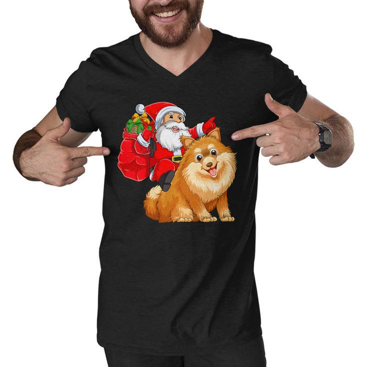 Matching Family Funny Santa Riding Pomeranian Dog Christmas T-Shirt Men V-Neck Tshirt
