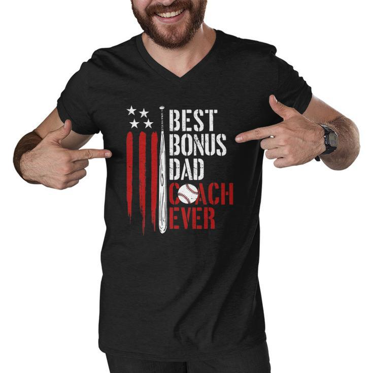 Mens Best Bonus Dad Coach Ever Proud Baseball Daddy American Flag Men V-Neck Tshirt