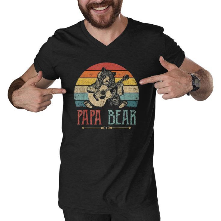 Mens Cute Papa Bear Vintage Fathers Day Retro Dad Guitar Men V-Neck Tshirt