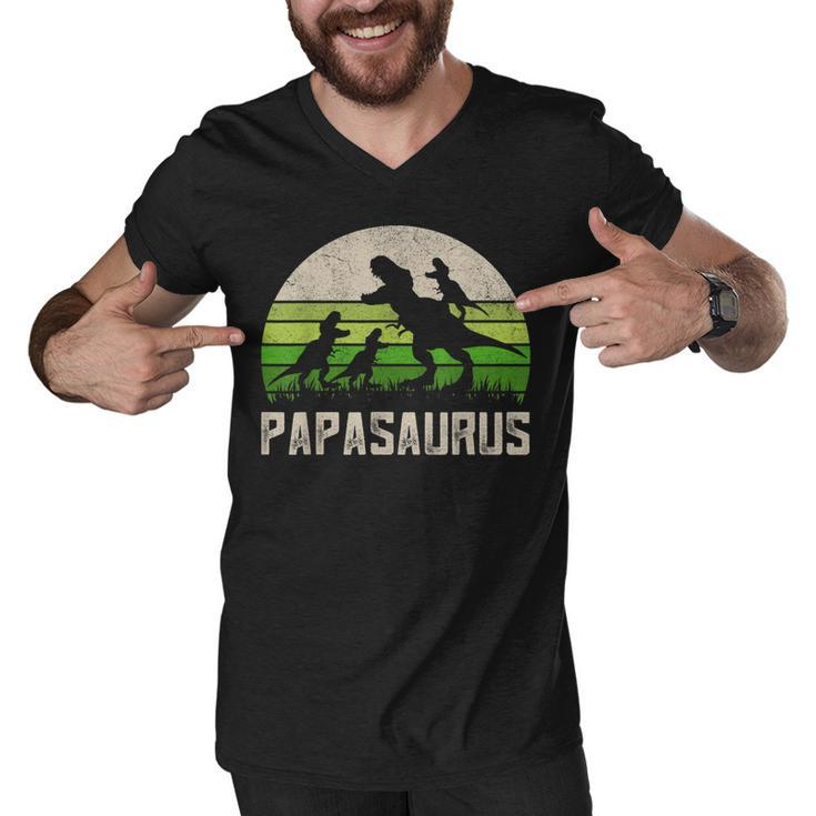 Mens Funny Grandpa  Papasaurus Dinosaur 3 Kids Fathers Day  Men V-Neck Tshirt