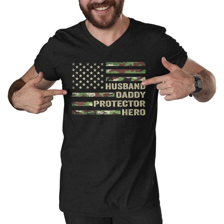 Mens Husband Daddy Protector Hero  Fathers Day Flag Gift   Men V-Neck Tshirt