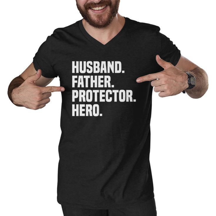 Mens Husband Father Protector Hero Funny Fathers Day Men V-Neck Tshirt