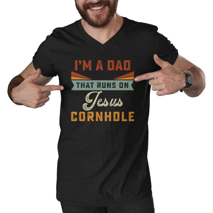 Mens Im A Dad That Runs On Jesus Cornhole Christian Vintage Gift Men V-Neck Tshirt