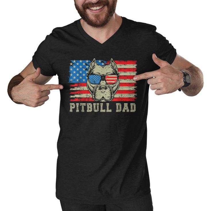 Mens Pitbull Dad American Pit Bull Dog Us Flag 4Th Of July  Men V-Neck Tshirt