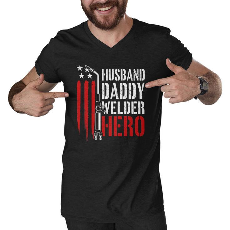 Mens Proud Welding Husband Daddy Welder Hero Weld Fathers Day Men V-Neck Tshirt