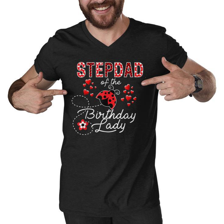 Mens Stepdad Of The Birthday Lady Ladybug Birthday Hearts  Men V-Neck Tshirt