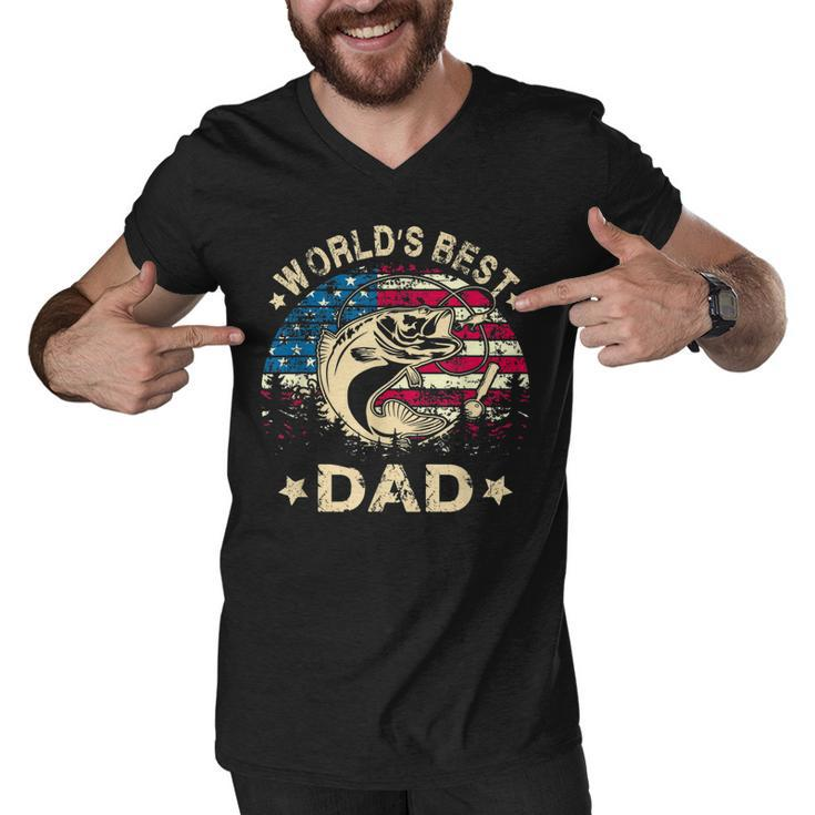 Mens Worlds Best Fishing Dad T  4Th Of July American Flag Men V-Neck Tshirt