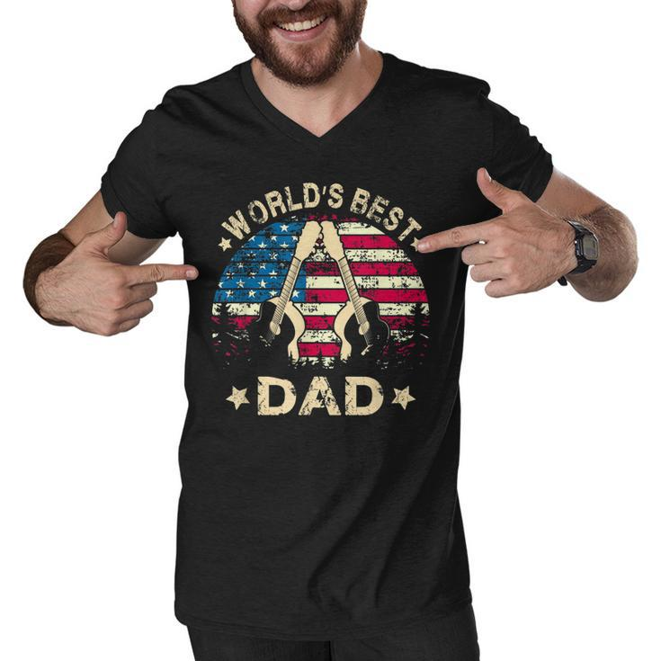 Mens Worlds Best Guitar Dad T  4Th Of July American Flag Men V-Neck Tshirt