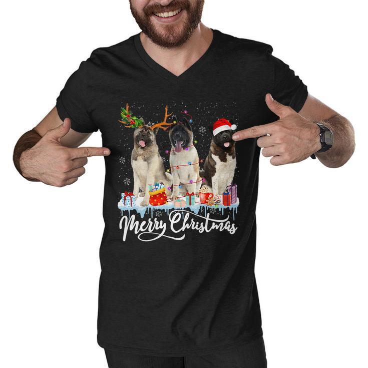 Merry Christmas American Akita Santa Light Reindeer Snow T-Shirt Men V-Neck Tshirt