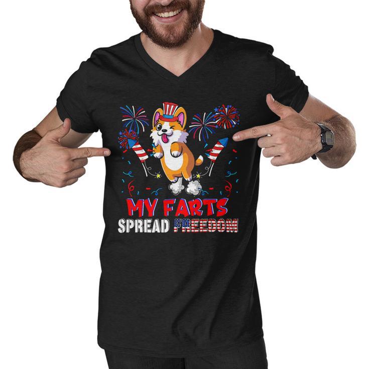 My Farts Spread Freedom Funny American Flag Corgi Fireworks Men V-Neck Tshirt