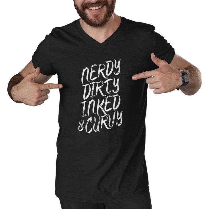 Nerdy Dirty Inked & Curvy Tattoo Woman Girl Nerd Men V-Neck Tshirt