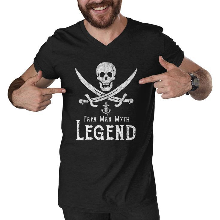 Papa Man Myth Legend Vintage Pirate Skull Sword Fathers Day Men V-Neck Tshirt