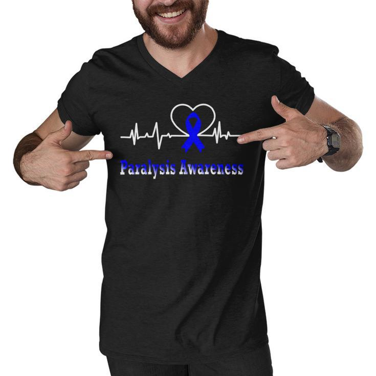 Paralysis Awareness Awareness Heartbeat  Blue Ribbon  Paralysis  Paralysis Awareness Men V-Neck Tshirt
