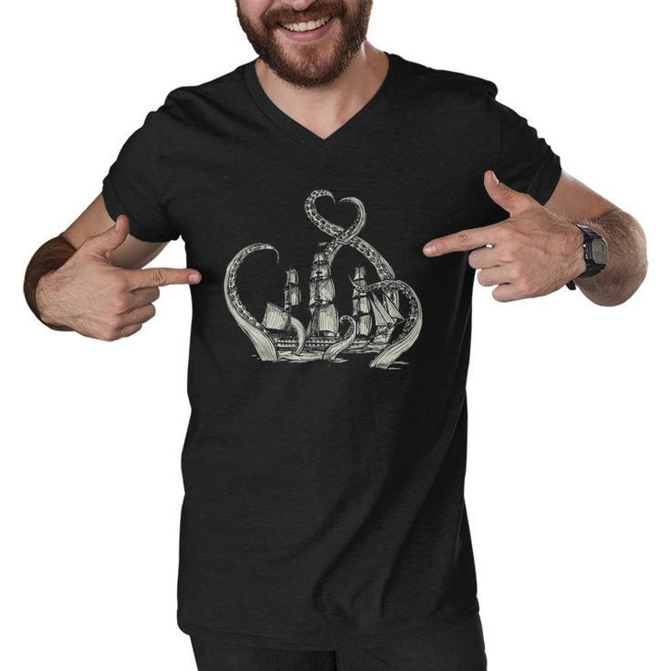 Pirate Ship Octopus Buccaneer Freebooter Crossed Bones Skull Men V-Neck Tshirt