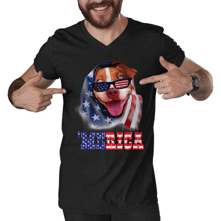 Pitbull American Flag 4Th Of July Pitbull Dad Dog Lover Fun  Men V-Neck Tshirt