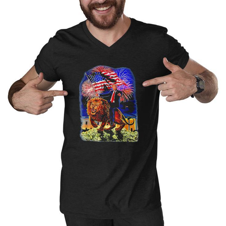 Republican President Donald Trump Riding War Lion Men V-Neck Tshirt