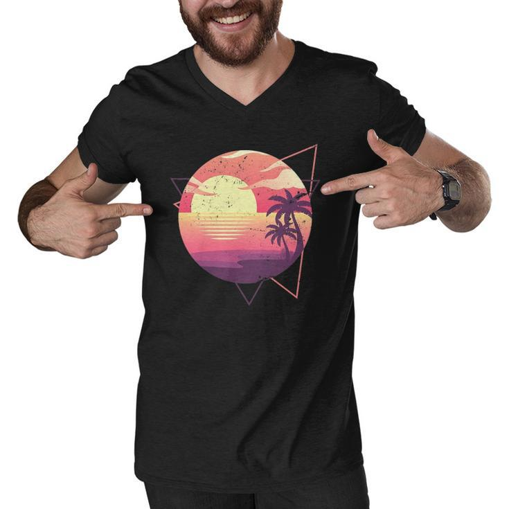Retro 80S Vaporwave Aesthetic Tropical Sunset 90S Vaporwave Men V-Neck Tshirt