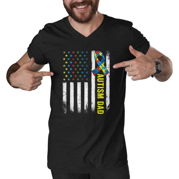 Retro American Flag Autism Dad Awareness Autistic Men V-Neck Tshirt
