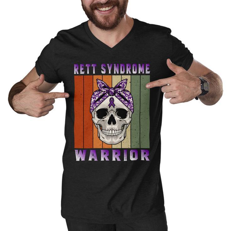 Rett Syndrome Warrior  Skull Women Vintage  Purple Ribbon  Rett Syndrome  Rett Syndrome Awareness Men V-Neck Tshirt