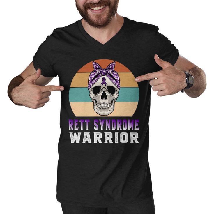 Rett Syndrome Warrior  Skull Women Vintage  Purple Ribbon  Rett Syndrome  Rett Syndrome Awareness V2 Men V-Neck Tshirt