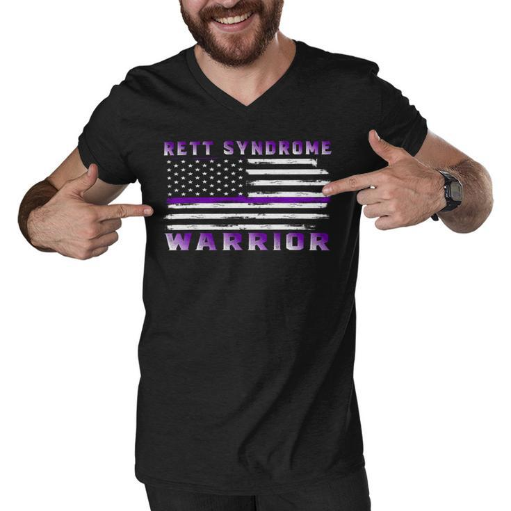 Rett Syndrome Warrior Usa Flag  United States Flag  Purple Ribbon  Rett Syndrome  Rett Syndrome Awareness Men V-Neck Tshirt