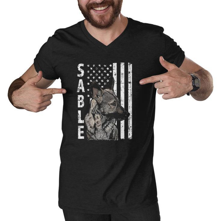 Sable German Shepherd Dog American Flag Patriotic  Men V-Neck Tshirt