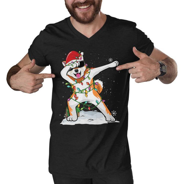 Santa Dabbing Akita Inu Christmas Lights Funny Xmas T-Shirt Men V-Neck Tshirt