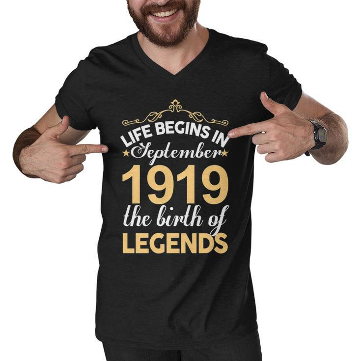 September 1919 Birthday   Life Begins In September 1919 V2 Men V-Neck Tshirt