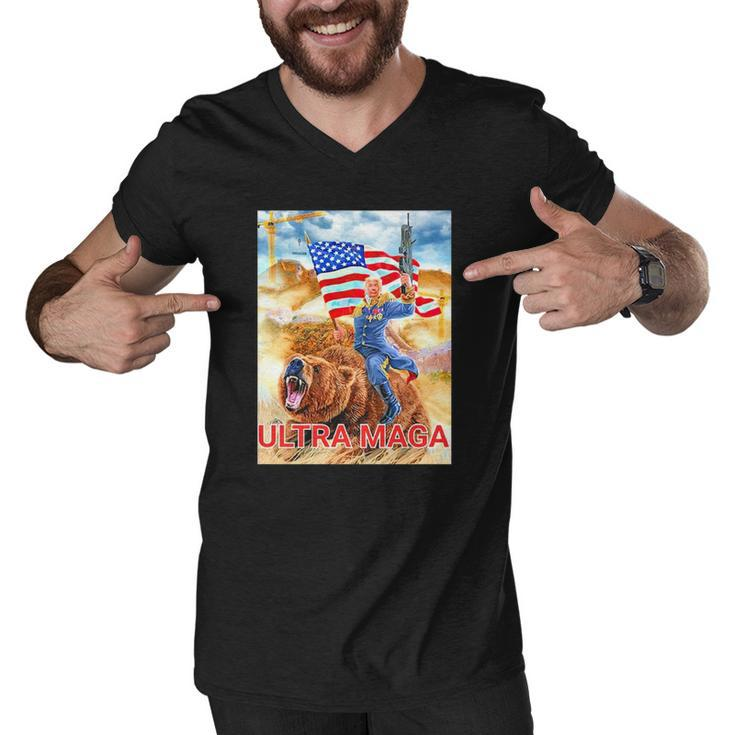 Trump Ultra Maga The Great Maga King Trump Riding Bear Men V-Neck Tshirt