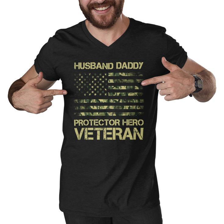 Veteran Husband Daddy Protector Hero Veteran American Flag Vintage Dad 2 Navy Soldier Army Military Men V-Neck Tshirt