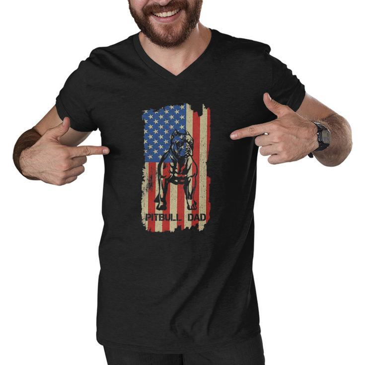 Womens American Flag Pitbull Dad Cool Dog Daddy Patriot 4Th July V-Neck Men V-Neck Tshirt