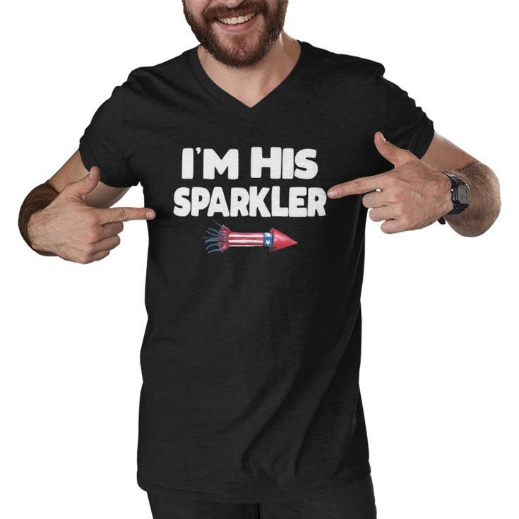Womens Im His Sparkler Fireworks Couple Matching 4Th Of July Gift Men V-Neck Tshirt