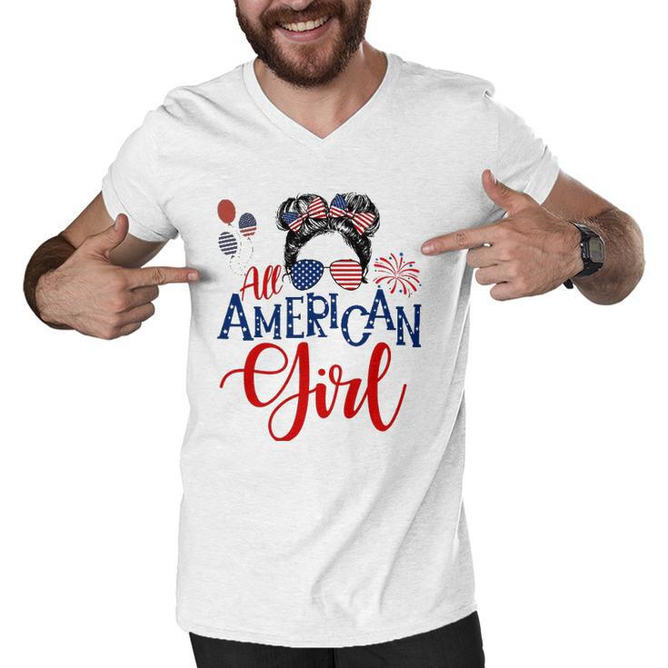 All American Girl 4Th Of July Messy Bun Sunglasses Usa Flag Men V-Neck Tshirt